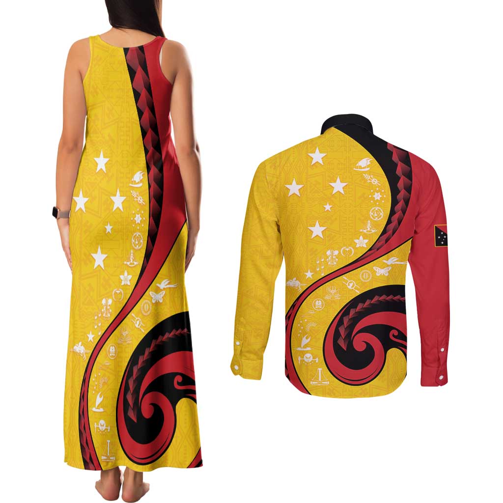 Papua New Guinea 50th Independence Anniversary Couples Matching Tank Maxi Dress and Long Sleeve Button Shirt Special Style Yellow Version - Polynesian Pride