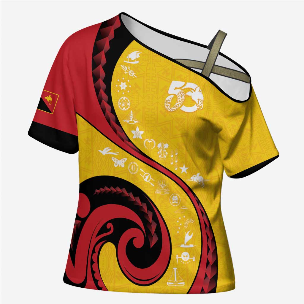 Papua New Guinea 50th Independence Anniversary Cross Shoulder Shirt Special Style Yellow Version - Polynesian Pride