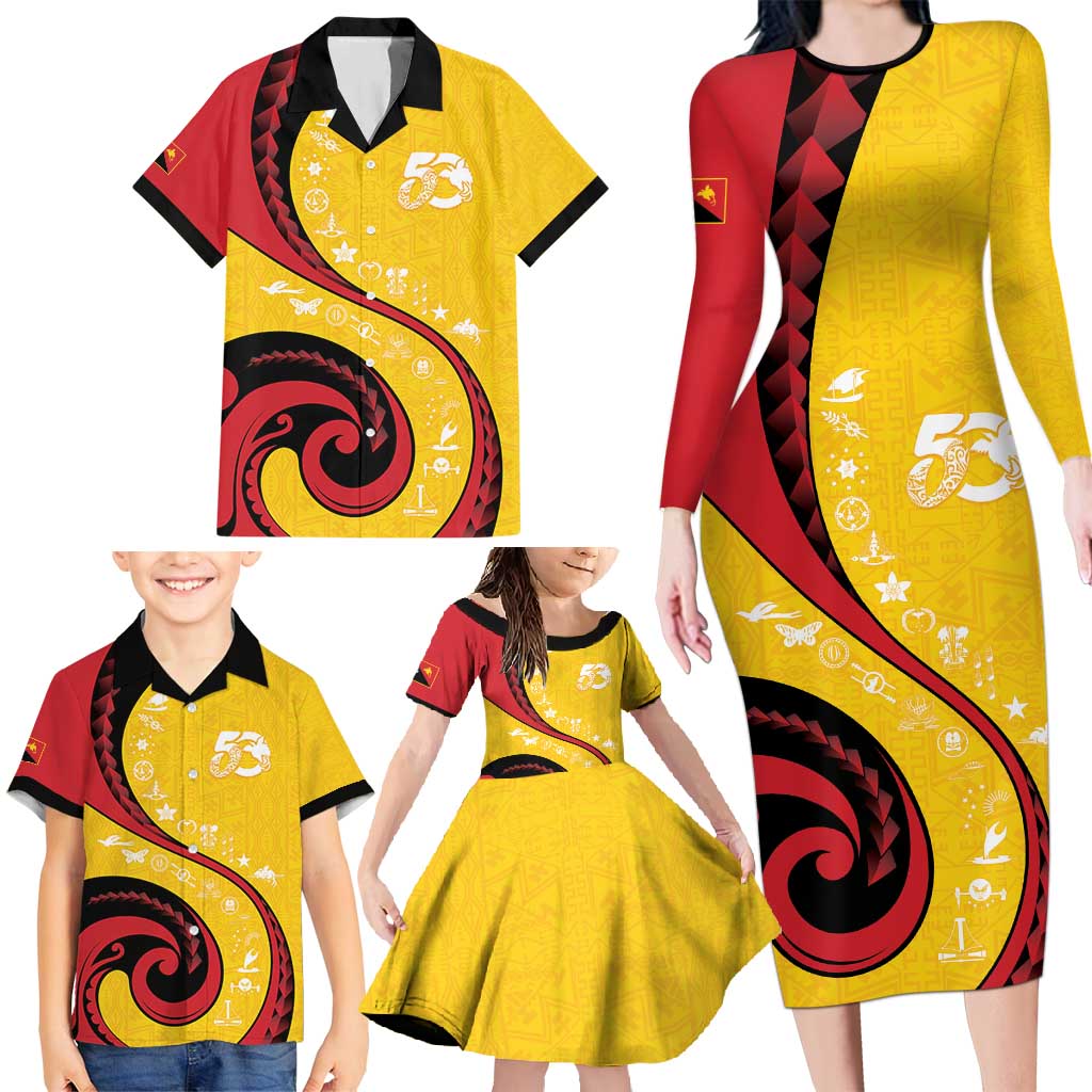 Papua New Guinea 50th Independence Anniversary Family Matching Long Sleeve Bodycon Dress and Hawaiian Shirt Special Style Yellow Version - Polynesian Pride