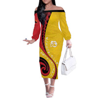 Papua New Guinea 50th Independence Anniversary Family Matching Off The Shoulder Long Sleeve Dress and Hawaiian Shirt Special Style Yellow Version - Polynesian Pride