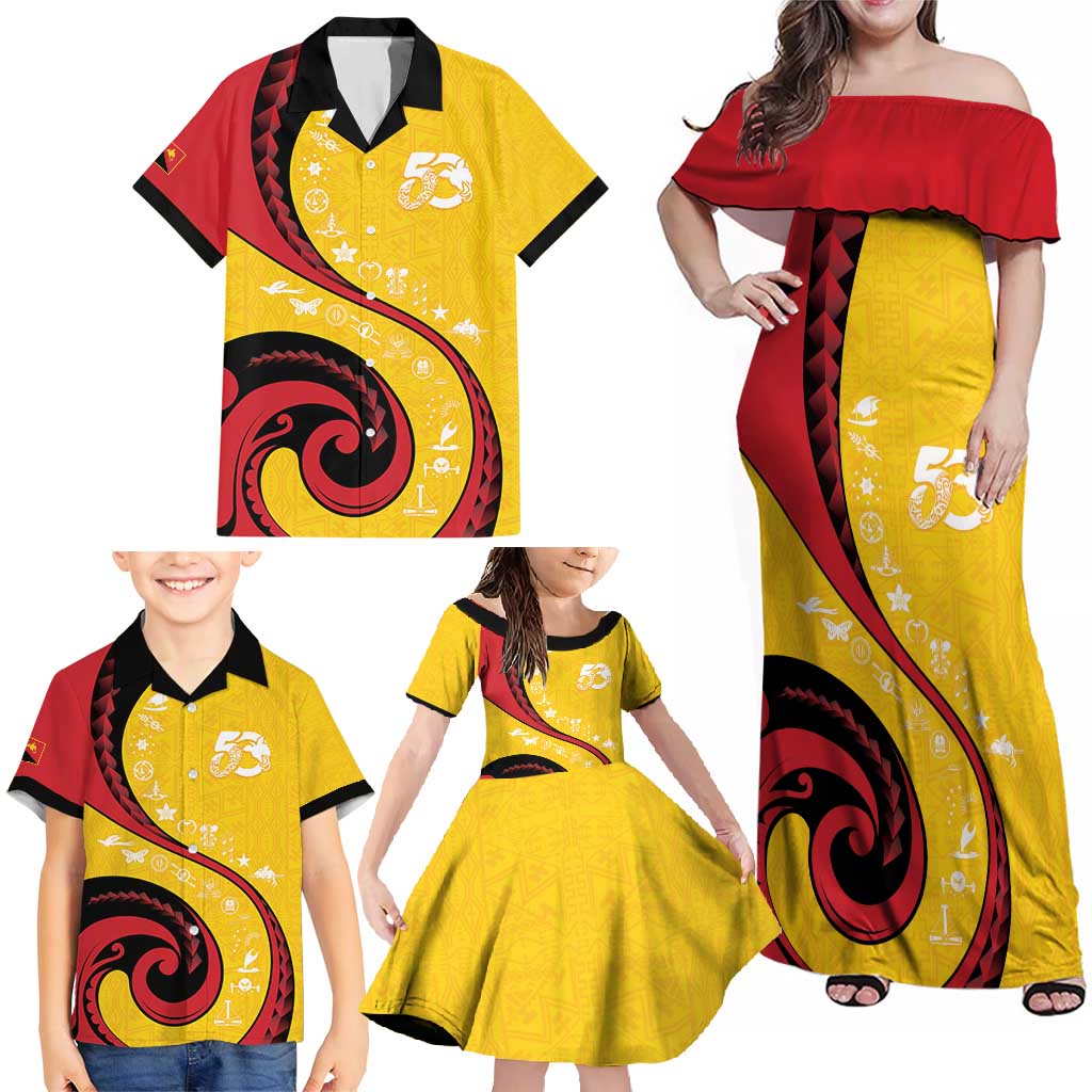 Papua New Guinea 50th Independence Anniversary Family Matching Off Shoulder Maxi Dress and Hawaiian Shirt Special Style Yellow Version - Polynesian Pride