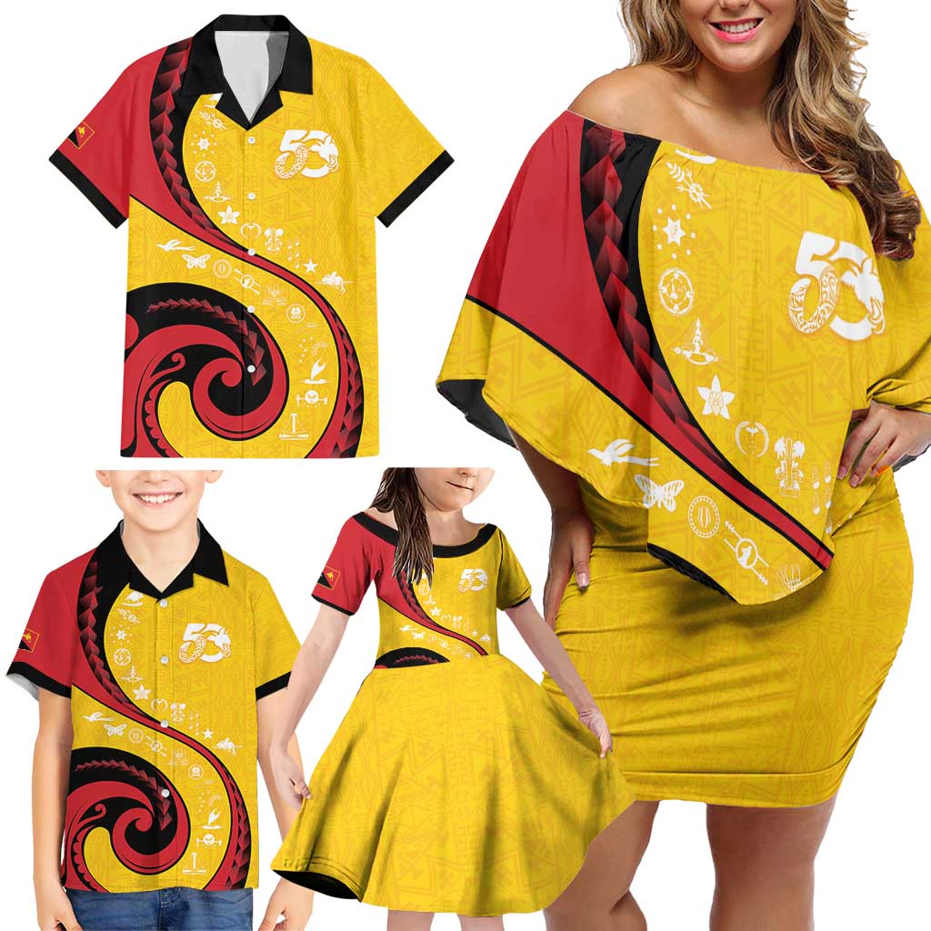 Papua New Guinea 50th Independence Anniversary Family Matching Off Shoulder Short Dress and Hawaiian Shirt Special Style Yellow Version - Polynesian Pride