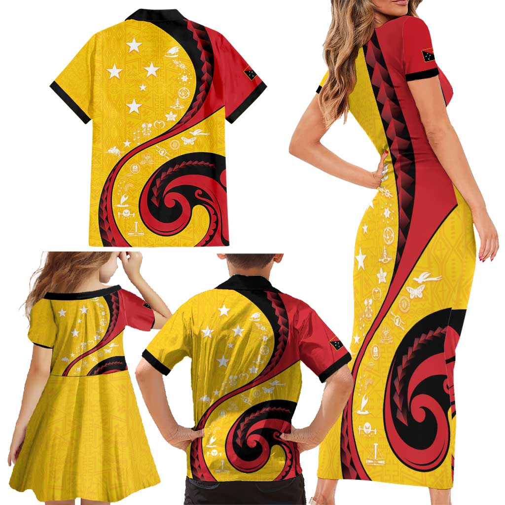 Papua New Guinea 50th Independence Anniversary Family Matching Short Sleeve Bodycon Dress and Hawaiian Shirt Special Style Yellow Version - Polynesian Pride