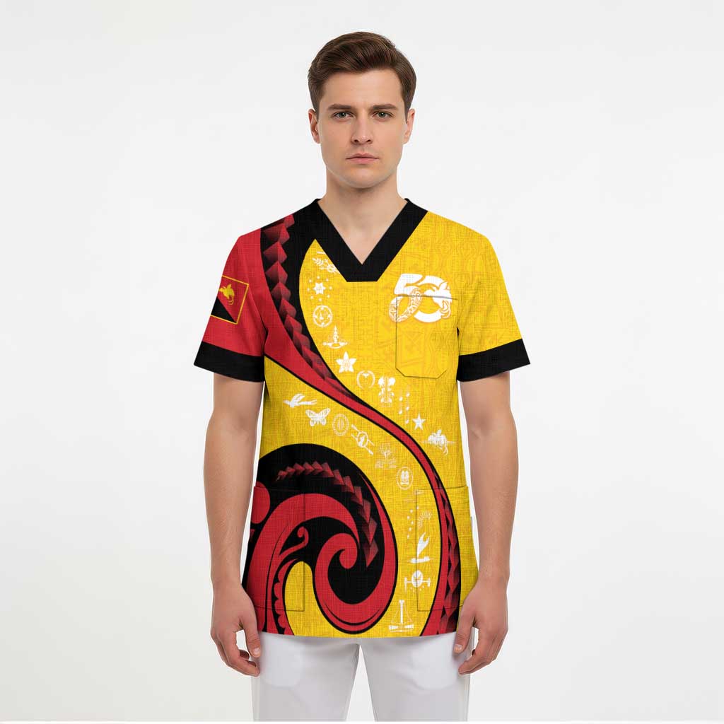 Papua New Guinea 50th Independence Anniversary Scrub Top Special Style Yellow Version - Polynesian Pride