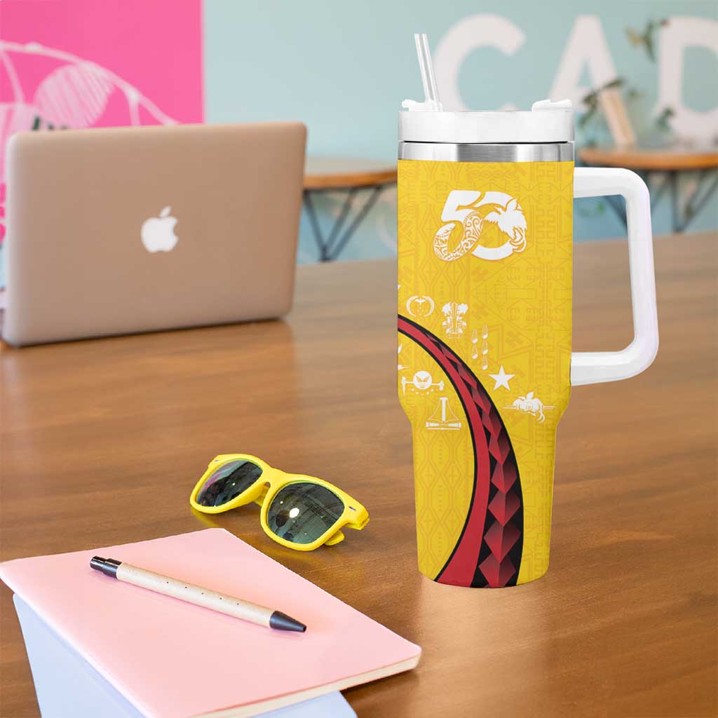 Papua New Guinea 50th Independence Anniversary Tumbler With Handle Special Style Yellow Version - Polynesian Pride