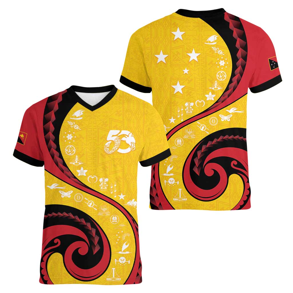 Papua New Guinea 50th Independence Anniversary Women V-Neck T-Shirt Special Style Yellow Version - Polynesian Pride