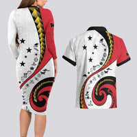 Papua New Guinea 50th Independence Anniversary Couples Matching Long Sleeve Bodycon Dress and Hawaiian Shirt Special Style White Version - Polynesian Pride