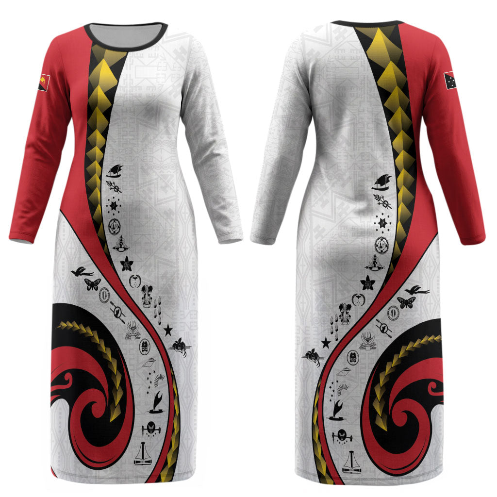 Papua New Guinea Independence Couples Matching Long Sleeve Bodycon Dress and Hawaiian Shirt Special Style White Version LT05 - Polynesian Pride
