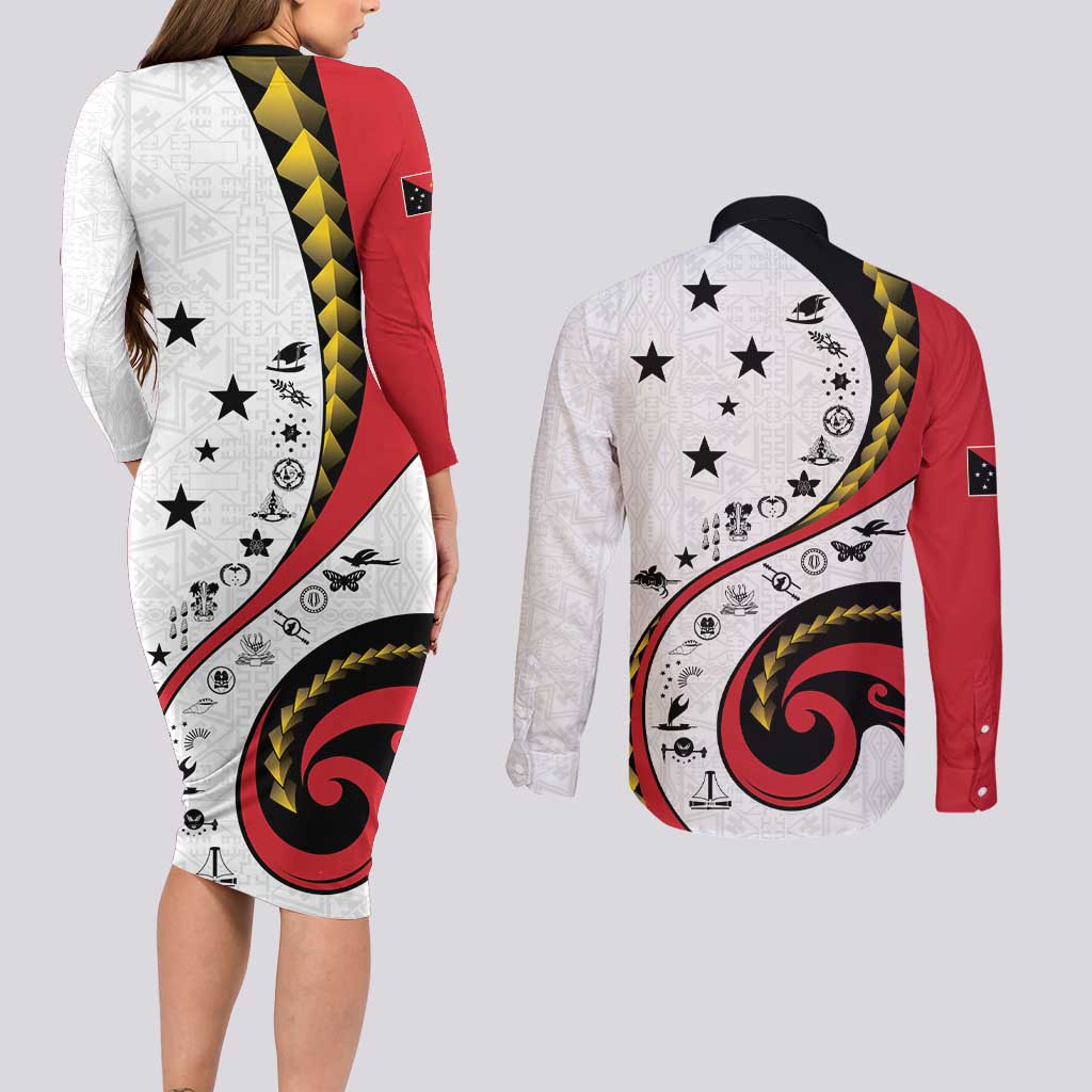 Papua New Guinea 50th Independence Anniversary Couples Matching Long Sleeve Bodycon Dress and Long Sleeve Button Shirt Special Style White Version - Polynesian Pride