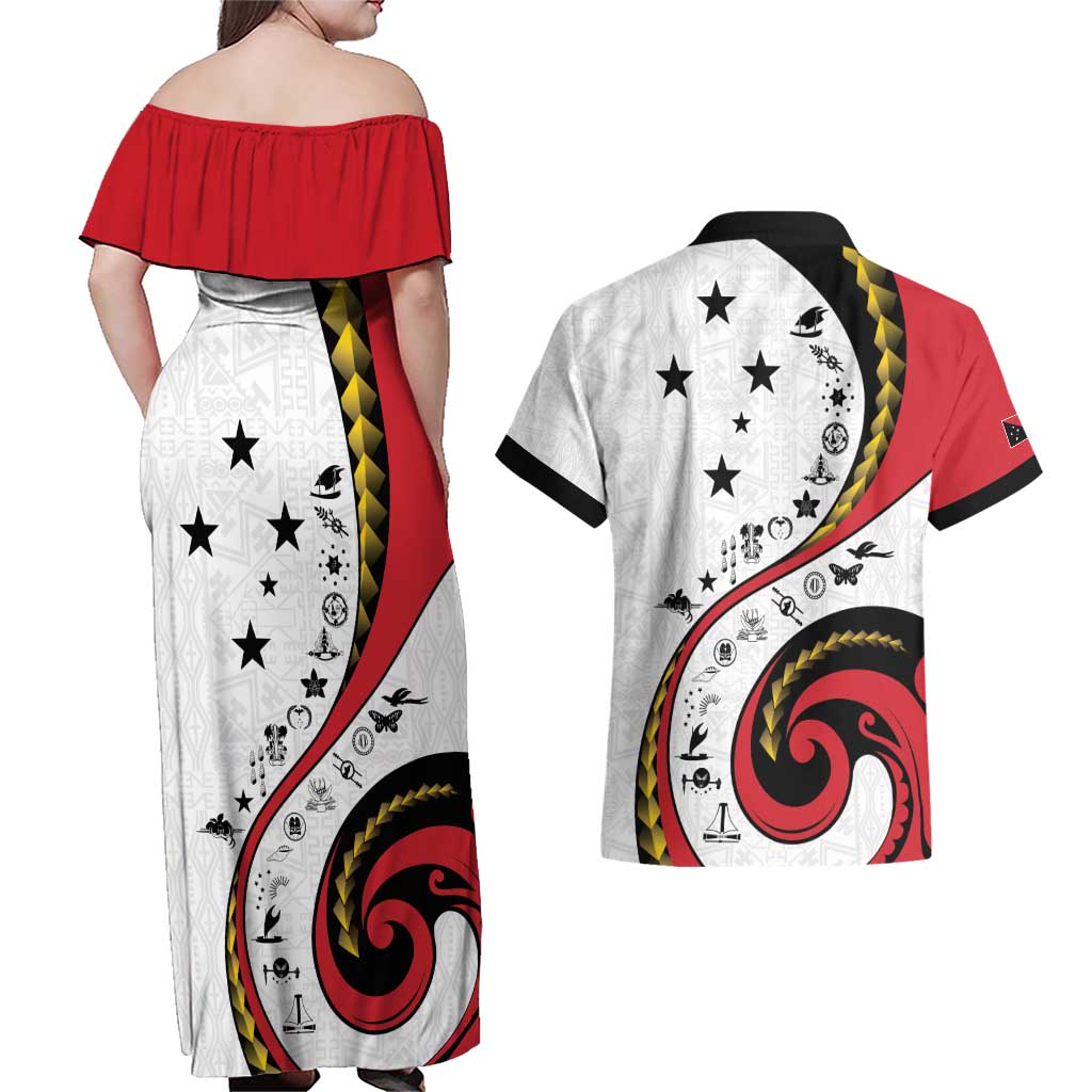 Papua New Guinea 50th Independence Anniversary Couples Matching Off Shoulder Maxi Dress and Hawaiian Shirt Special Style White Version - Polynesian Pride