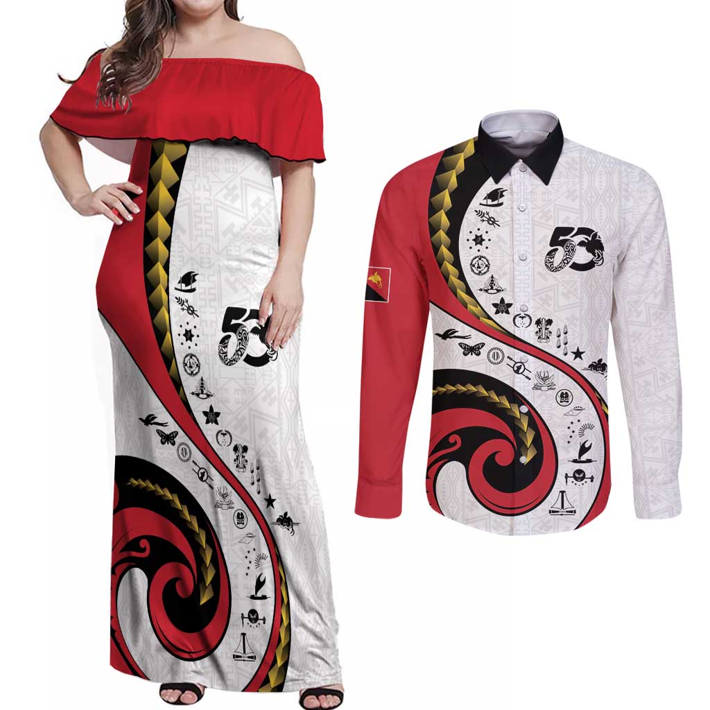 Papua New Guinea 50th Independence Anniversary Couples Matching Off Shoulder Maxi Dress and Long Sleeve Button Shirt Special Style White Version - Polynesian Pride