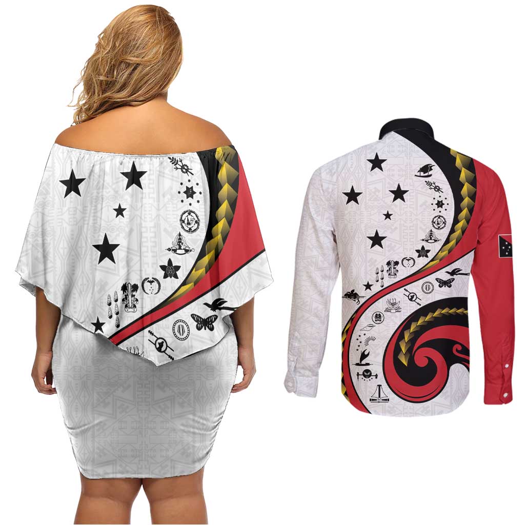Papua New Guinea 50th Independence Anniversary Couples Matching Off Shoulder Short Dress and Long Sleeve Button Shirt Special Style White Version - Polynesian Pride