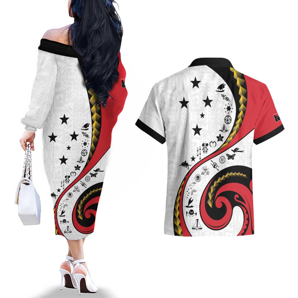 Papua New Guinea 50th Independence Anniversary Couples Matching Off The Shoulder Long Sleeve Dress and Hawaiian Shirt Special Style White Version - Polynesian Pride