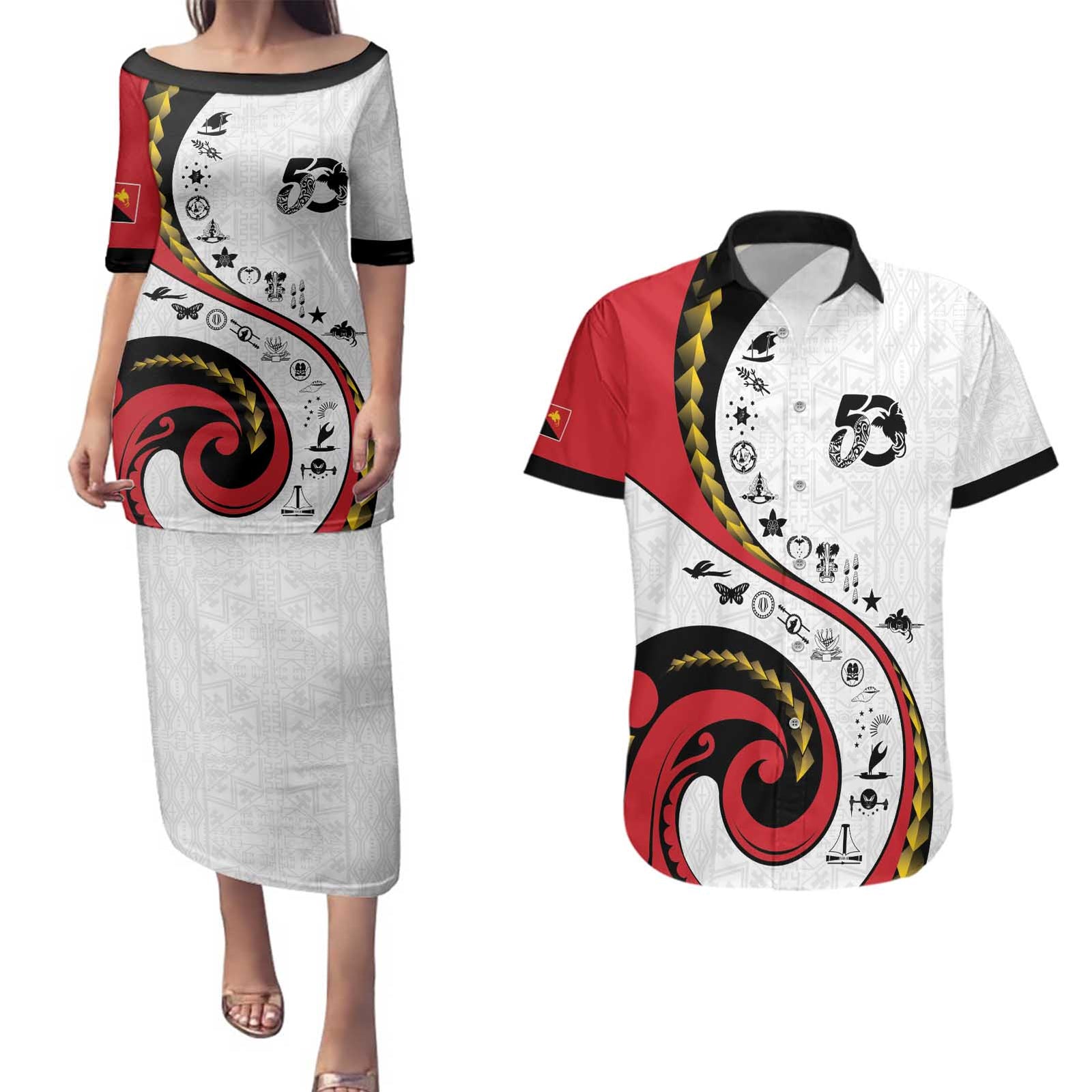 Papua New Guinea 50th Independence Anniversary Couples Matching Puletasi and Hawaiian Shirt Special Style White Version - Polynesian Pride