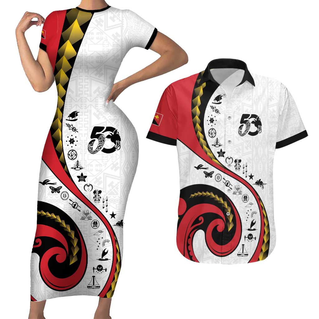 Papua New Guinea 50th Independence Anniversary Couples Matching Short Sleeve Bodycon Dress and Hawaiian Shirt Special Style White Version - Polynesian Pride