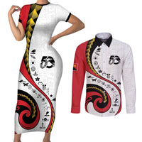 Papua New Guinea 50th Independence Anniversary Couples Matching Short Sleeve Bodycon Dress and Long Sleeve Button Shirt Special Style White Version - Polynesian Pride