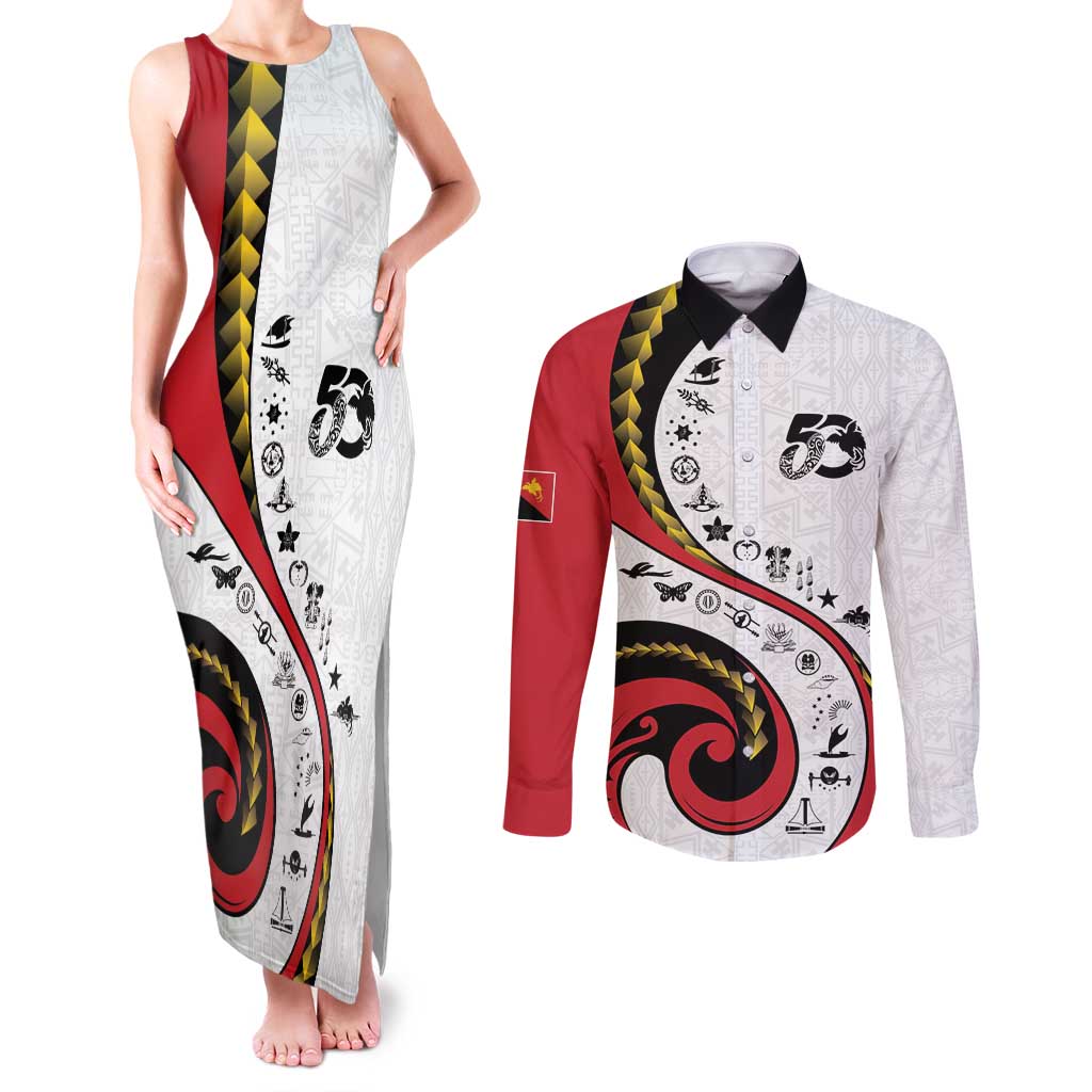 Papua New Guinea 50th Independence Anniversary Couples Matching Tank Maxi Dress and Long Sleeve Button Shirt Special Style White Version - Polynesian Pride