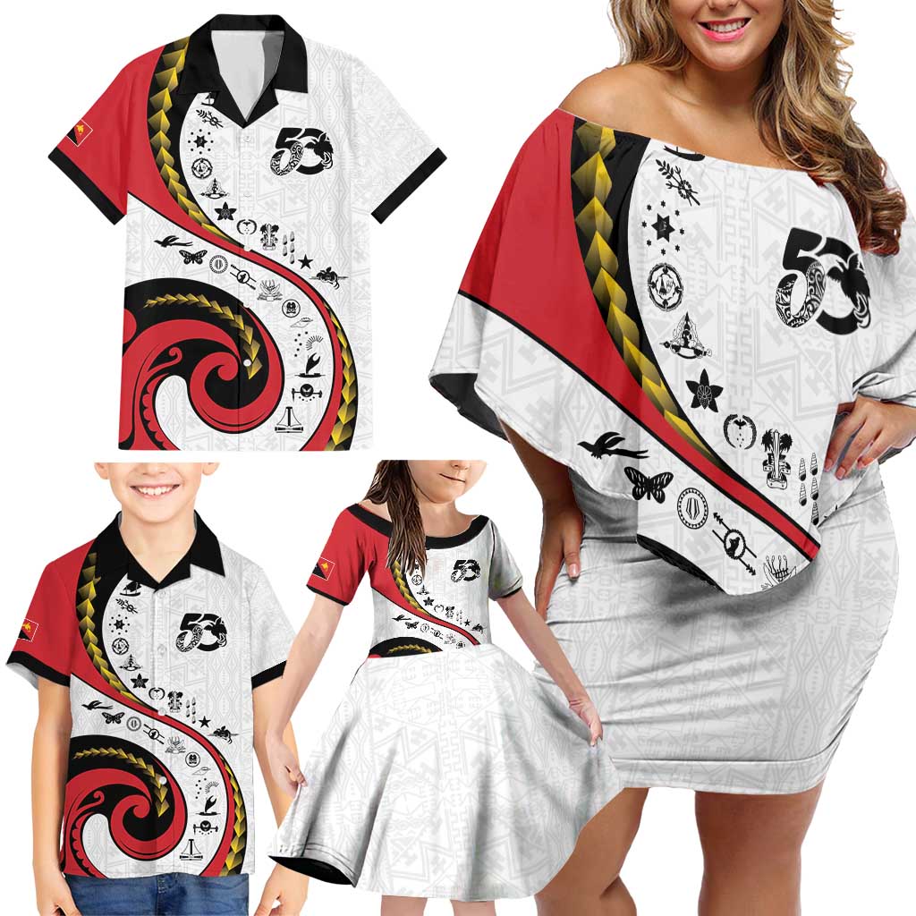 Papua New Guinea 50th Independence Anniversary Family Matching Off Shoulder Short Dress and Hawaiian Shirt Special Style White Version - Polynesian Pride