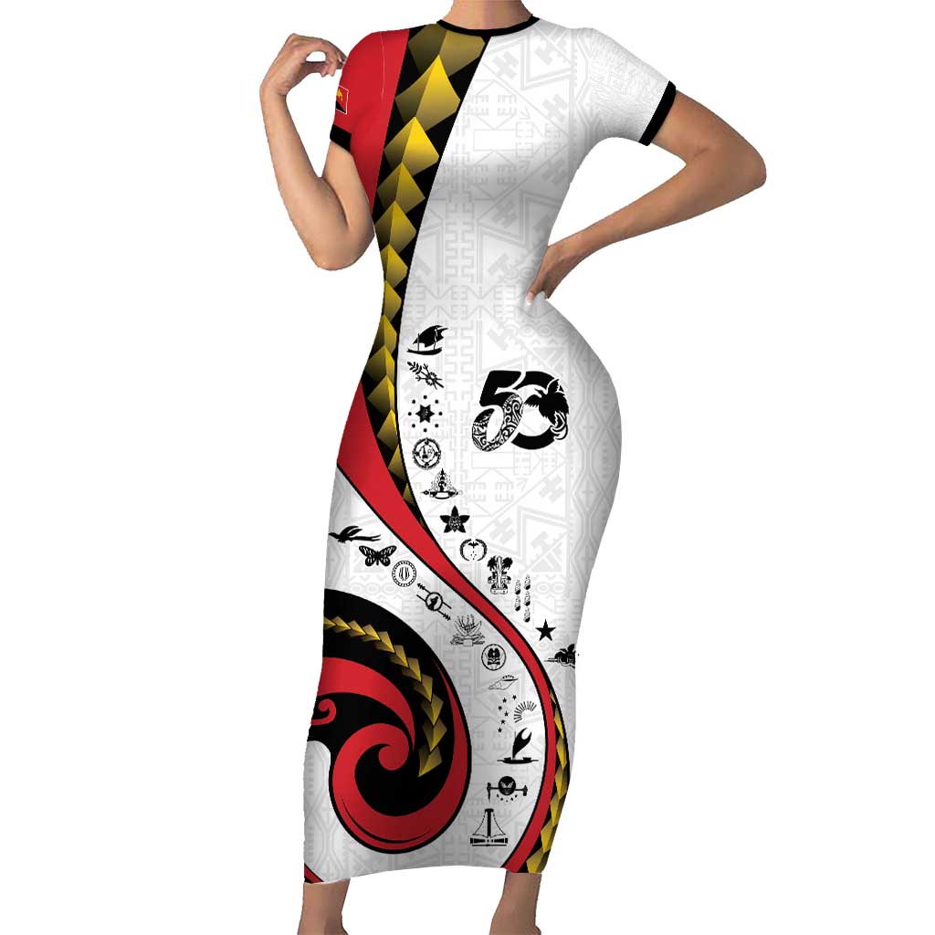 Papua New Guinea 50th Independence Anniversary Family Matching Short Sleeve Bodycon Dress and Hawaiian Shirt Special Style White Version - Polynesian Pride