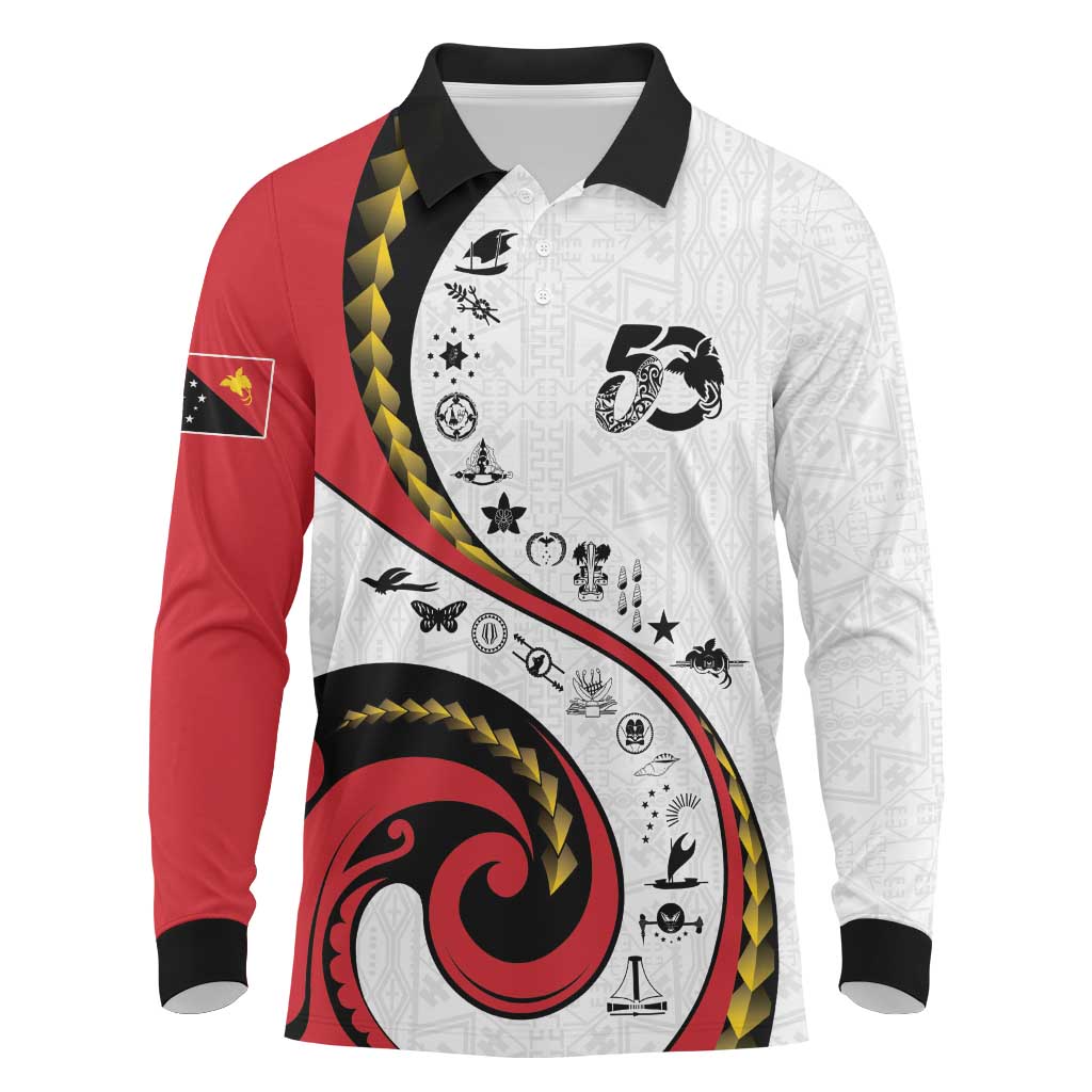 Papua New Guinea 50th Independence Anniversary Long Sleeve Polo Shirt Special Style White Version - Polynesian Pride