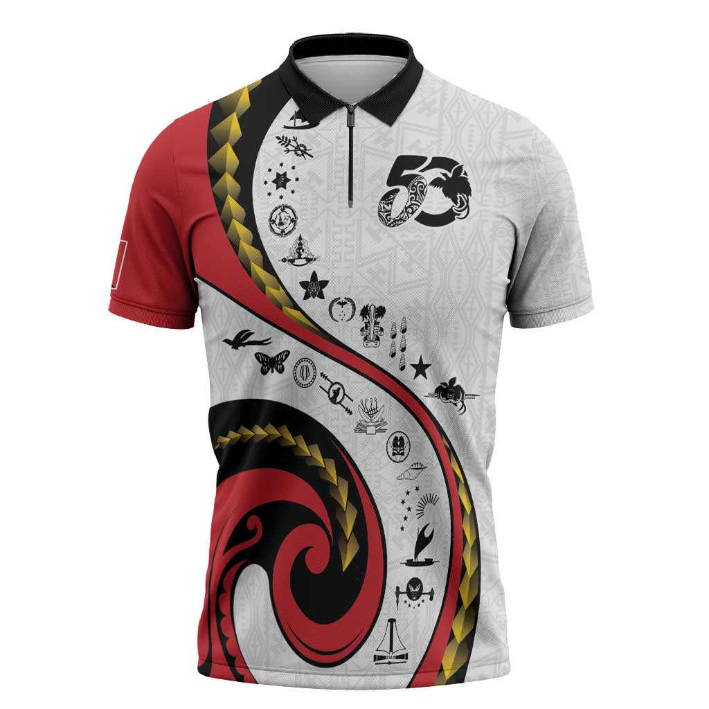 Papua New Guinea 50th Independence Anniversary Zipper Polo Shirt Special Style White Version - Polynesian Pride