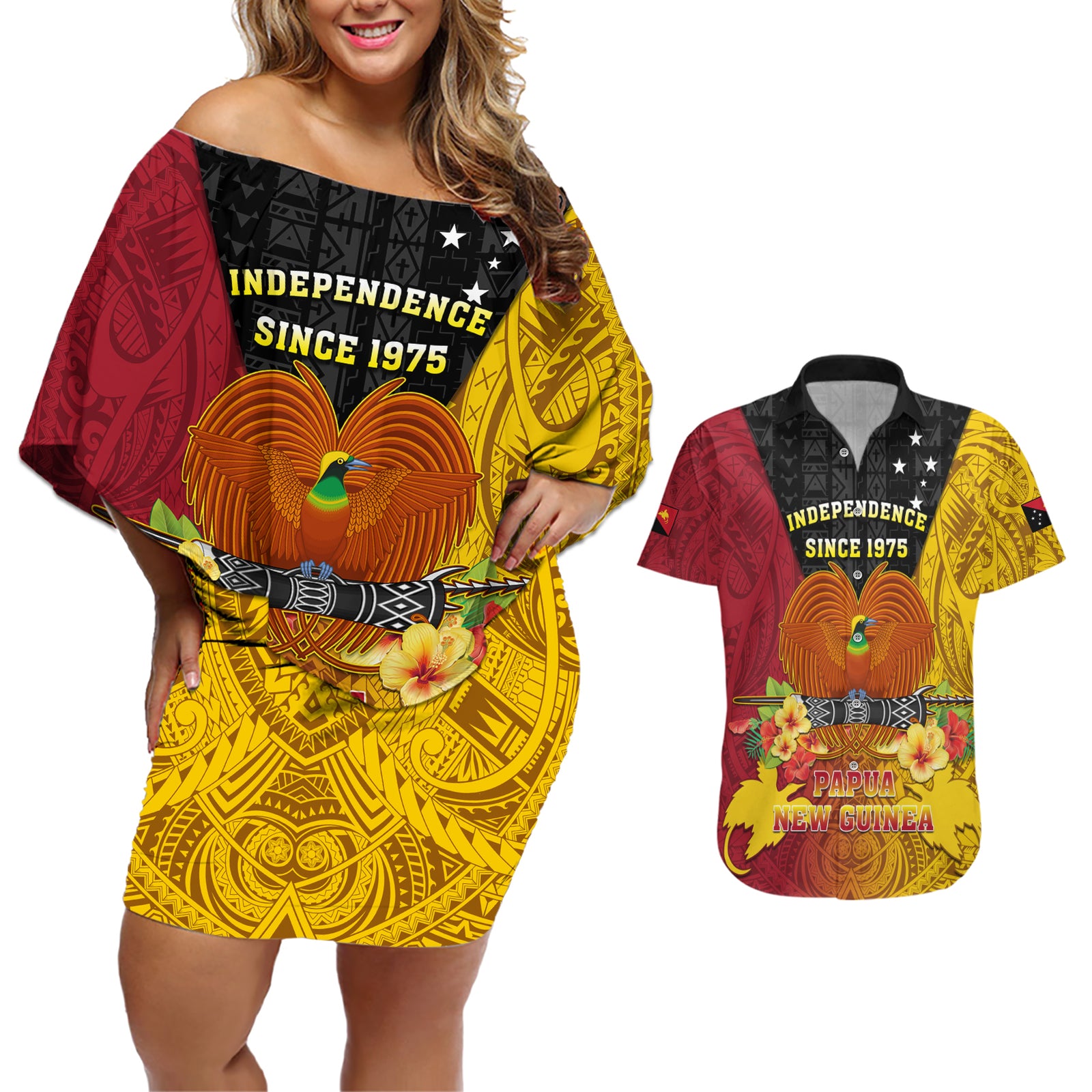 Personalized Papua New Guinea Independence Day Couples Matching Off Shoulder Short Dress and Hawaiian Shirt Bird Of Paradise With Polynesian Pattern LT05 Yellow - Polynesian Pride