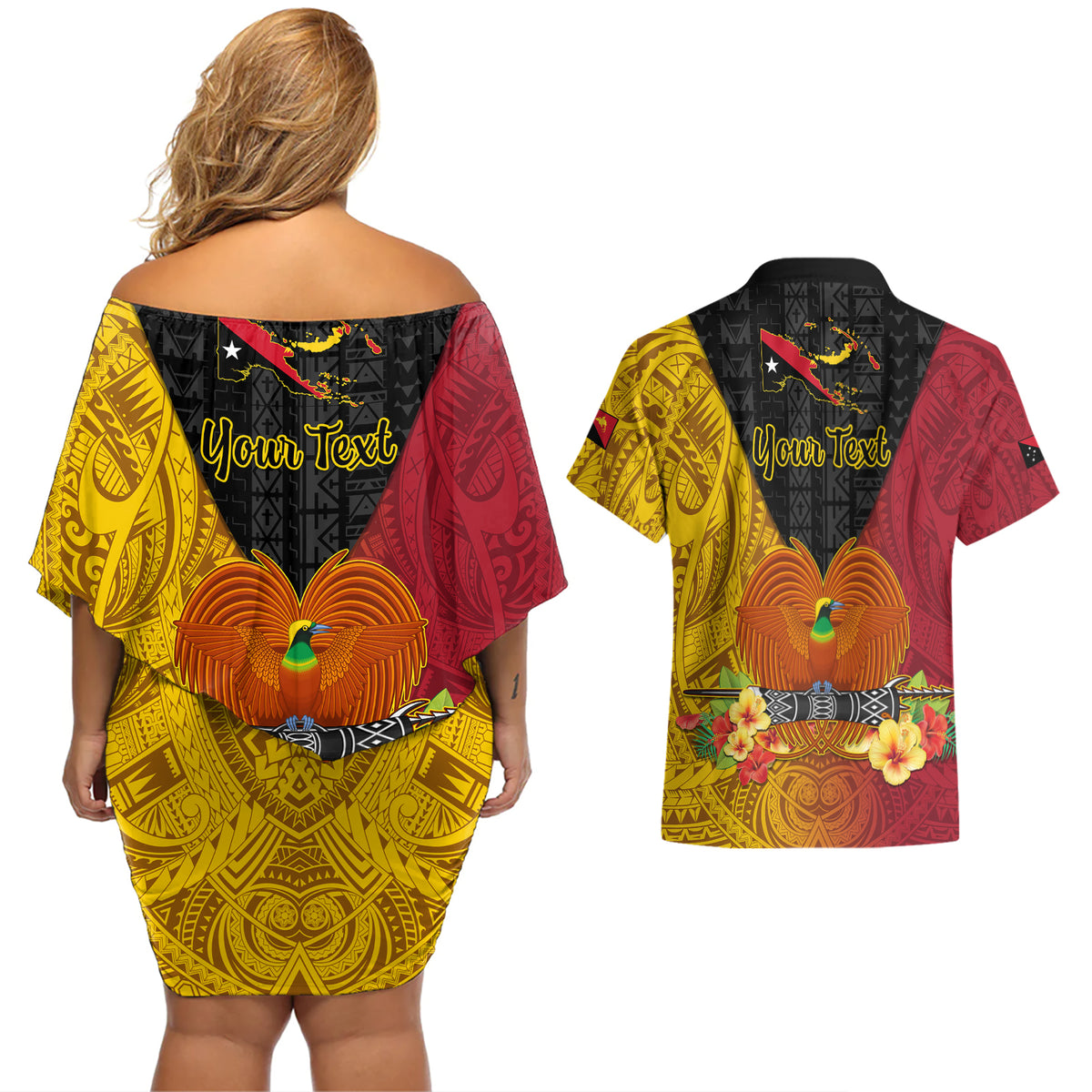 Personalized Papua New Guinea Independence Day Couples Matching Off Shoulder Short Dress and Hawaiian Shirt Bird Of Paradise With Polynesian Pattern LT05 - Polynesian Pride