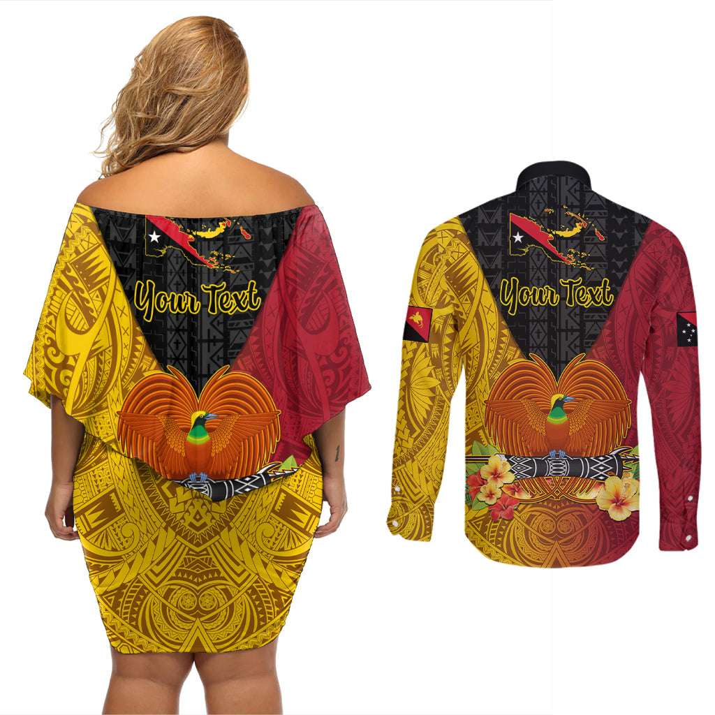 Personalized Papua New Guinea Independence Day Couples Matching Off Shoulder Short Dress and Long Sleeve Button Shirts Bird Of Paradise With Polynesian Pattern LT05 - Polynesian Pride