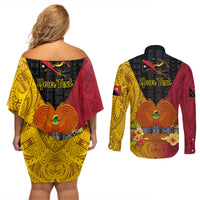 Personalized Papua New Guinea Independence Day Couples Matching Off Shoulder Short Dress and Long Sleeve Button Shirts Bird Of Paradise With Polynesian Pattern LT05 - Polynesian Pride