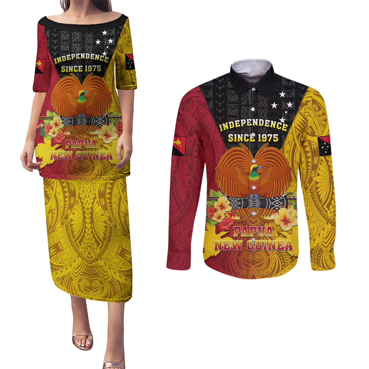 Personalized Papua New Guinea Independence Day Couples Matching Puletasi Dress and Long Sleeve Button Shirts Bird Of Paradise With Polynesian Pattern LT05 Yellow - Polynesian Pride