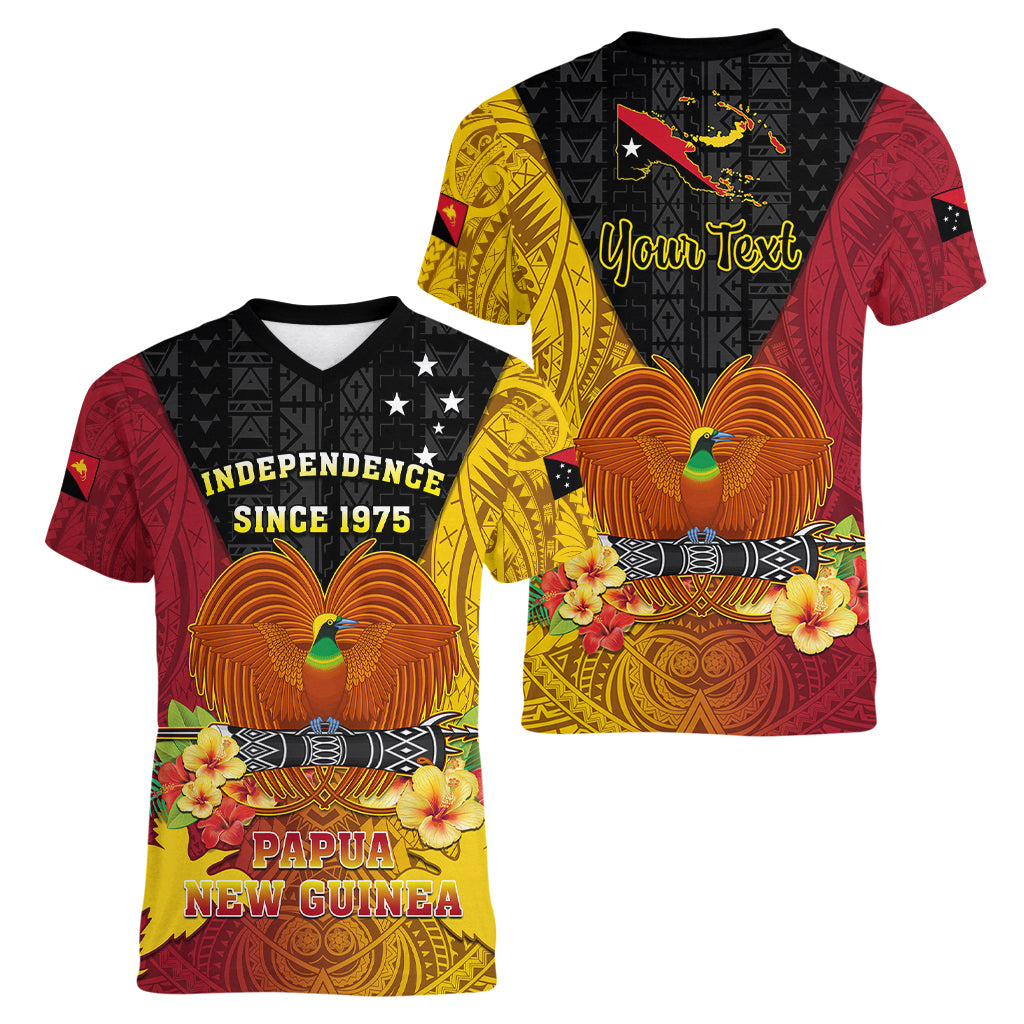 Personalized Papua New Guinea Independence Day Women V Neck T Shirt Bird Of Paradise With Polynesian Pattern LT05 - Polynesian Pride