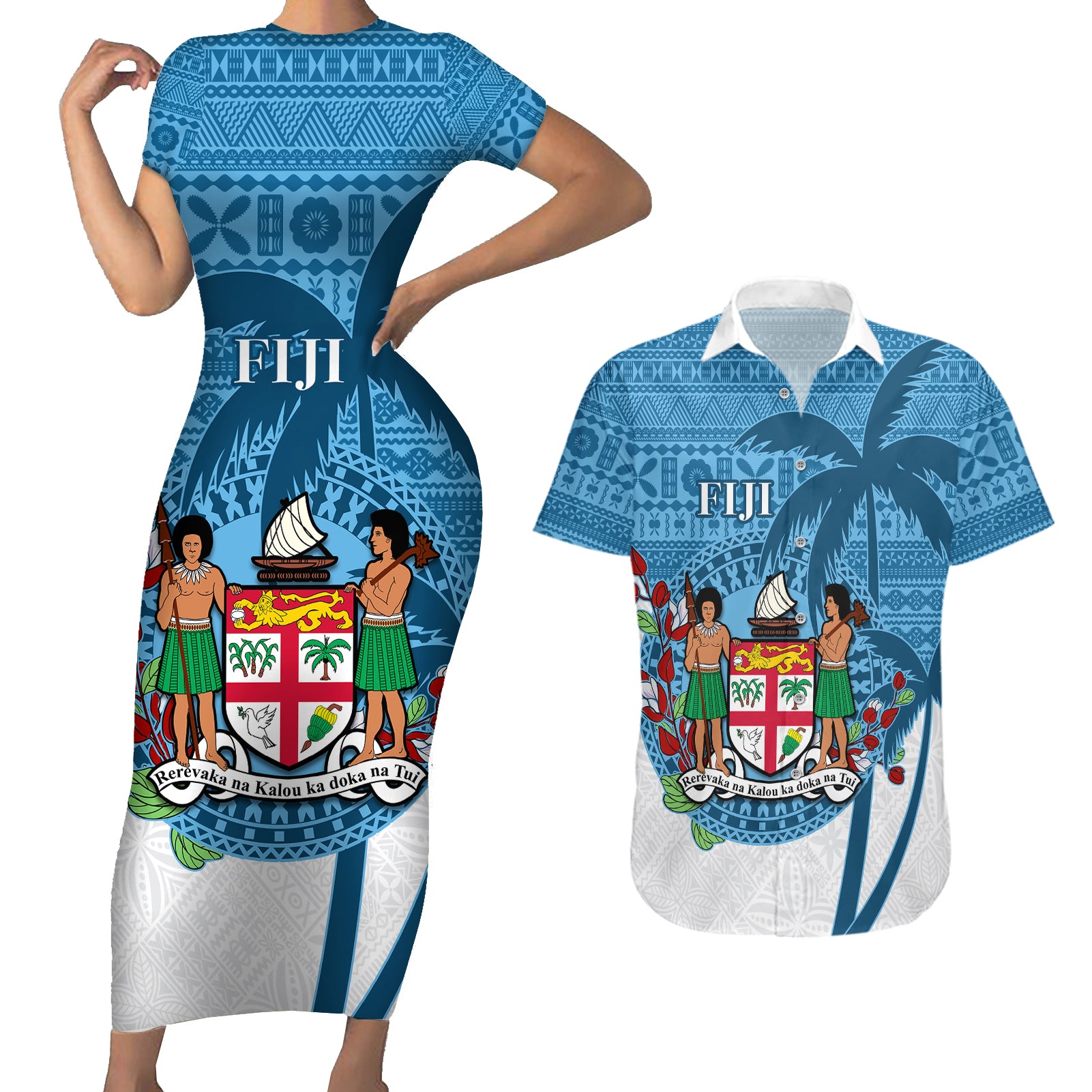 Personalized Fiji Couples Matching Short Sleeve Bodycon Dress and Hawaiian Shirt Coat Of Arms Tagimoucia With Fijian Tapa Pattern LT05 Blue - Polynesian Pride