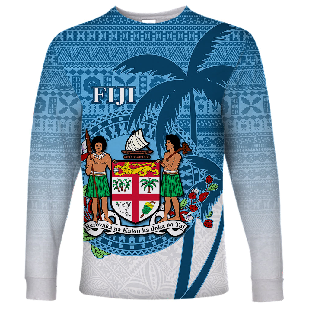 Personalized Fiji Long Sleeve Shirt Coat Of Arms Tagimoucia With Fijian Tapa Pattern LT05 Unisex Blue - Polynesian Pride