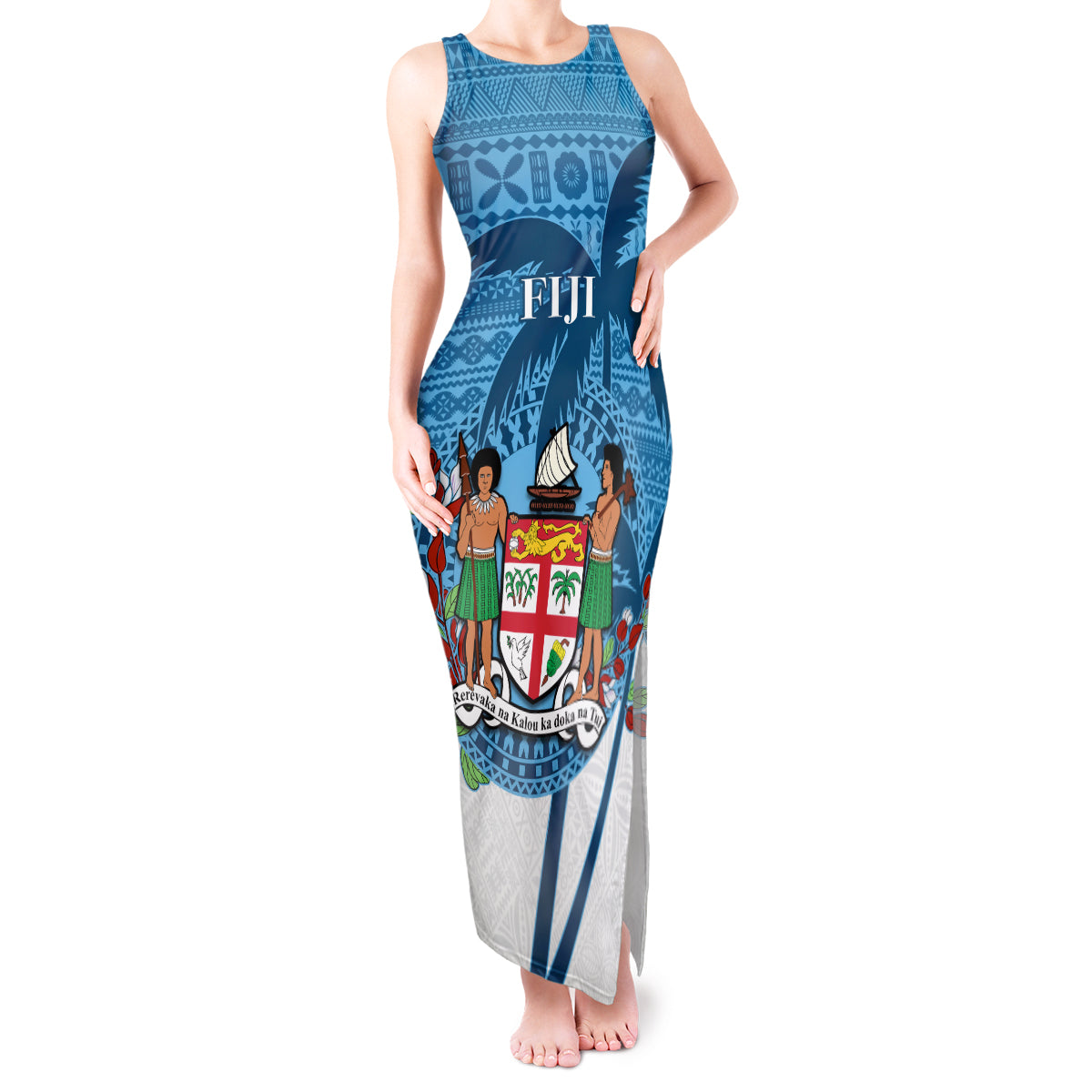 Personalized Fiji Tank Maxi Dress Coat Of Arms Tagimoucia With Fijian Tapa Pattern LT05 Women Blue - Polynesian Pride