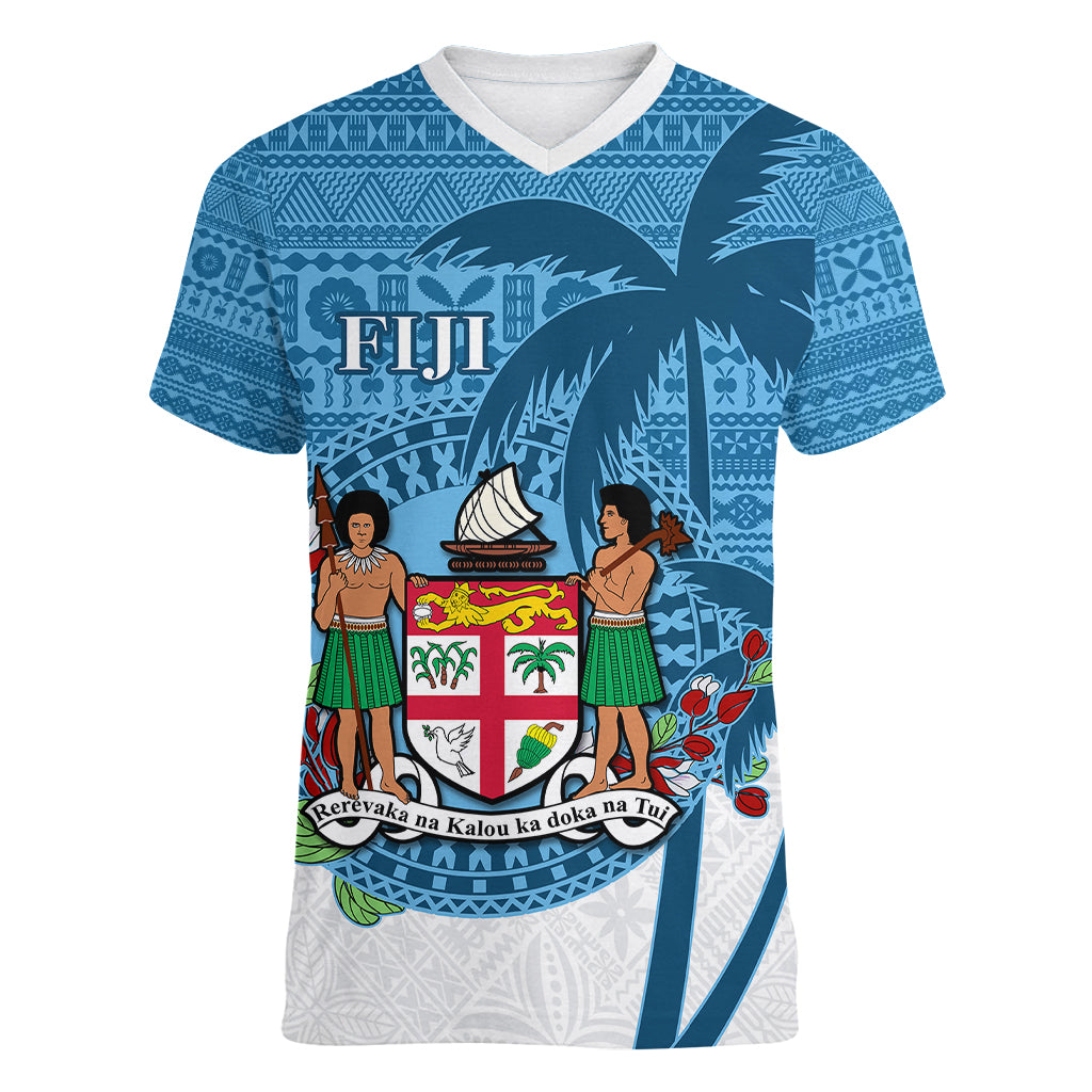 Personalized Fiji Women V Neck T Shirt Coat Of Arms Tagimoucia With Fijian Tapa Pattern LT05 Female Blue - Polynesian Pride