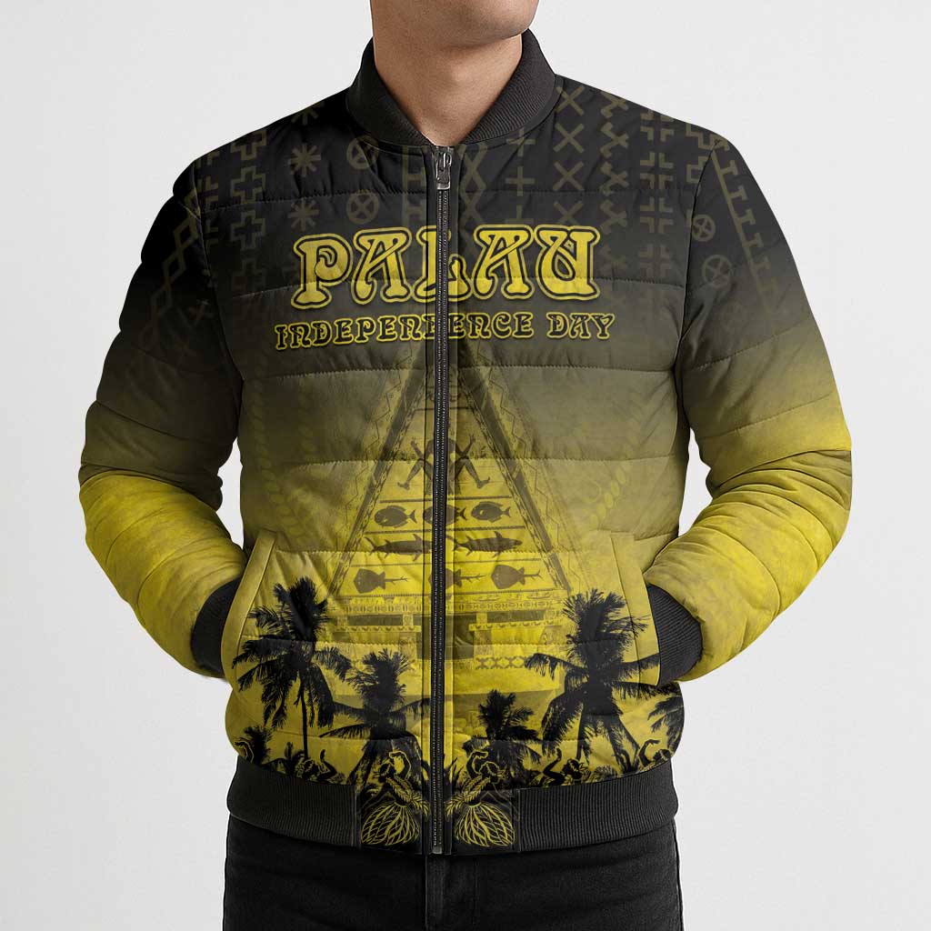 Personalised Palau Independence Day Bomber Puffer Jacket Palauan Tattoo Pattern - Polynesian Pride