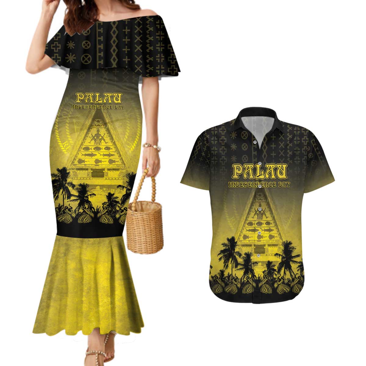 Personalised Palau Independence Day Couples Matching Mermaid Dress and Hawaiian Shirt Palauan Tattoo Pattern - Polynesian Pride