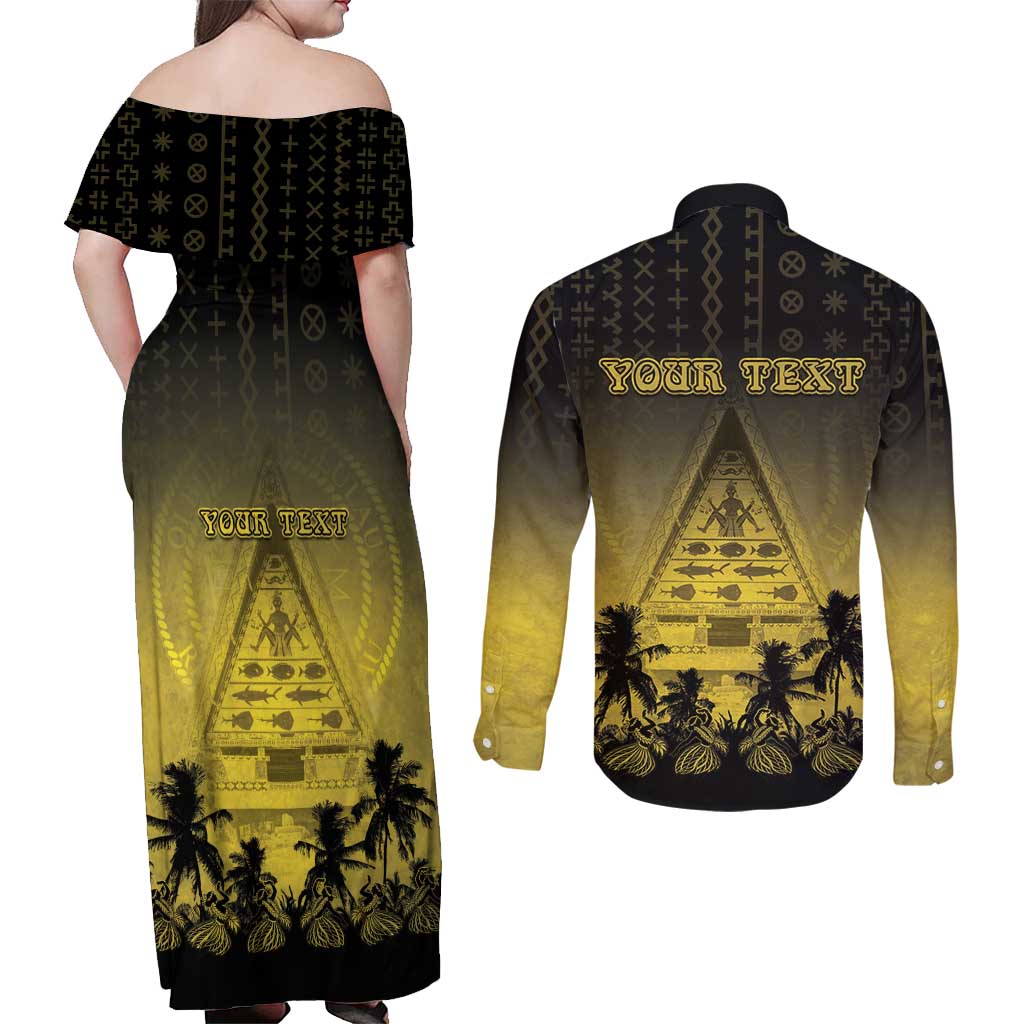 Personalised Palau Independence Day Couples Matching Off Shoulder Maxi Dress and Long Sleeve Button Shirt Palauan Tattoo Pattern LT05 - Polynesian Pride