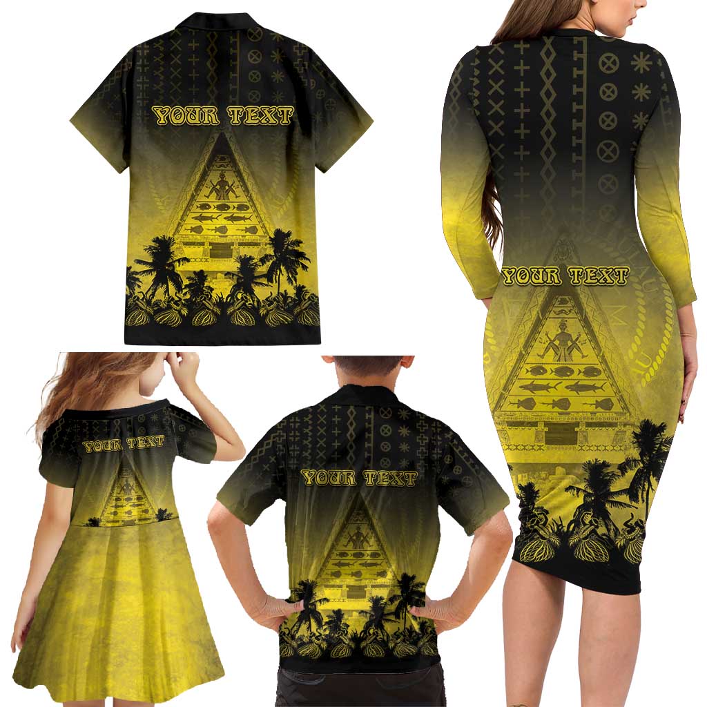 Personalised Palau Independence Day Family Matching Long Sleeve Bodycon Dress and Hawaiian Shirt Palauan Tattoo Pattern - Polynesian Pride