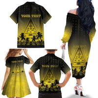 Personalised Palau Independence Day Family Matching Off The Shoulder Long Sleeve Dress and Hawaiian Shirt Palauan Tattoo Pattern - Polynesian Pride
