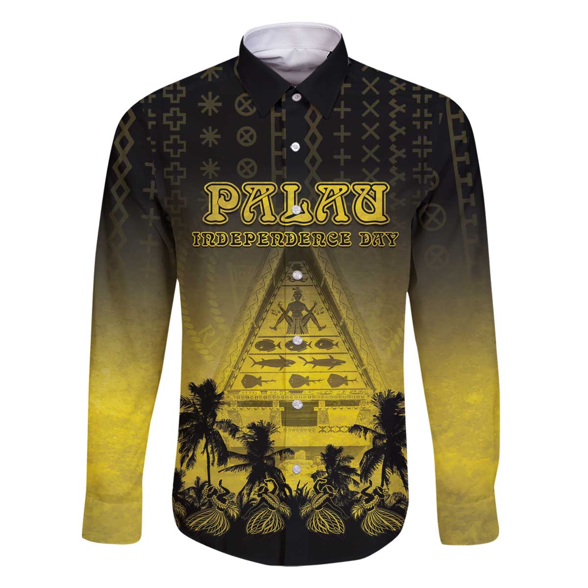 Personalised Palau Independence Day Family Matching Off The Shoulder Long Sleeve Dress and Hawaiian Shirt Palauan Tattoo Pattern - Polynesian Pride