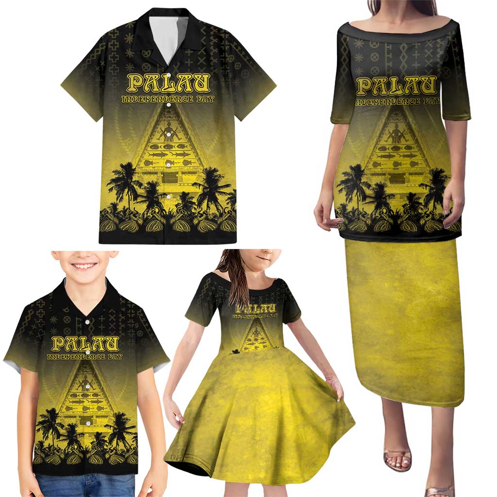 Personalised Palau Independence Day Family Matching Puletasi and Hawaiian Shirt Palauan Tattoo Pattern - Polynesian Pride