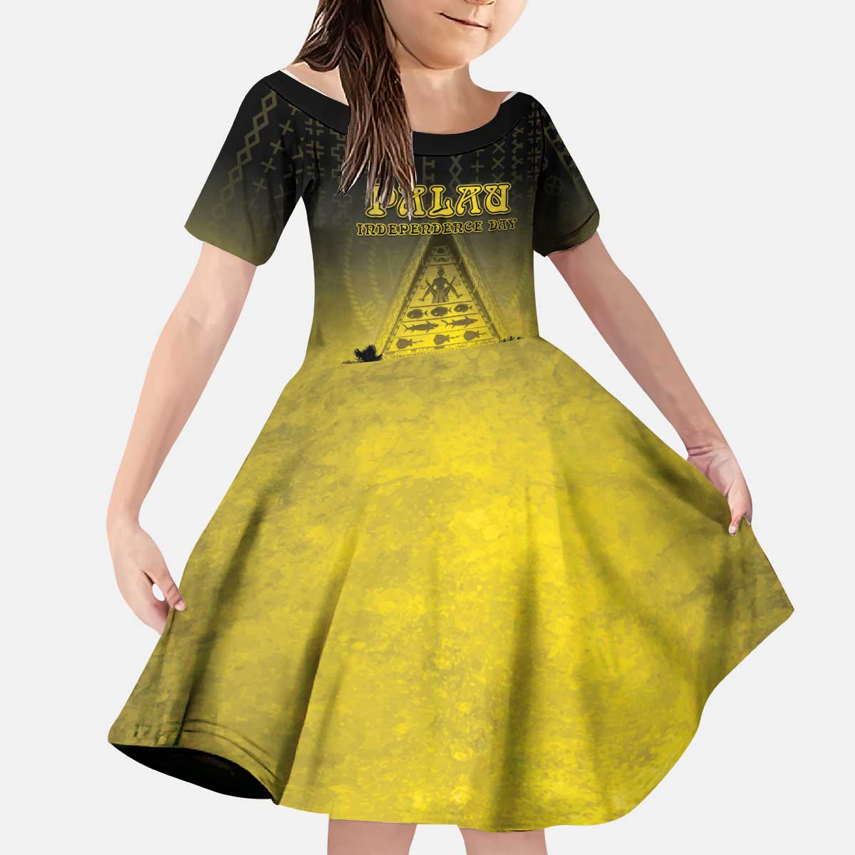 Personalised Palau Independence Day Kid Short Sleeve Dress Palauan Tattoo Pattern - Polynesian Pride