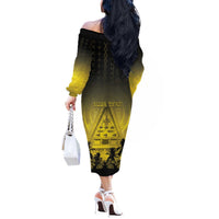 Personalised Palau Independence Day Off The Shoulder Long Sleeve Dress Palauan Tattoo Pattern - Polynesian Pride