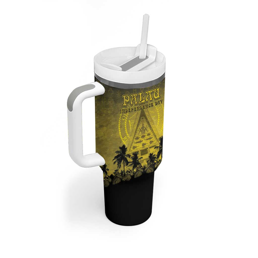 Personalised Palau Independence Day Tumbler With Handle Palauan Tattoo Pattern - Polynesian Pride