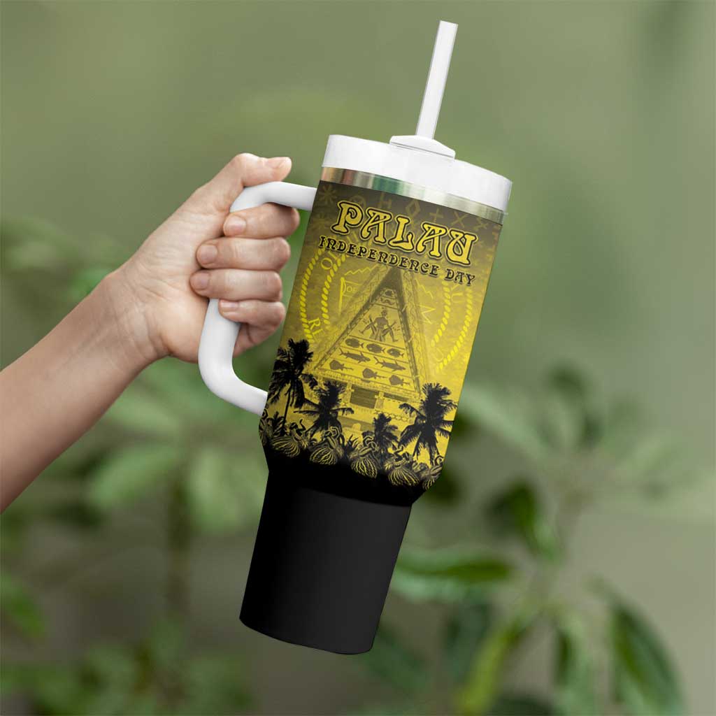 Personalised Palau Independence Day Tumbler With Handle Palauan Tattoo Pattern - Polynesian Pride