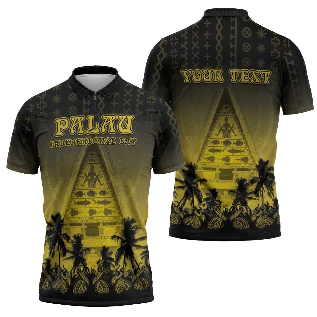 Personalised Palau Independence Day Zipper Polo Shirt Palauan Tattoo Pattern - Polynesian Pride