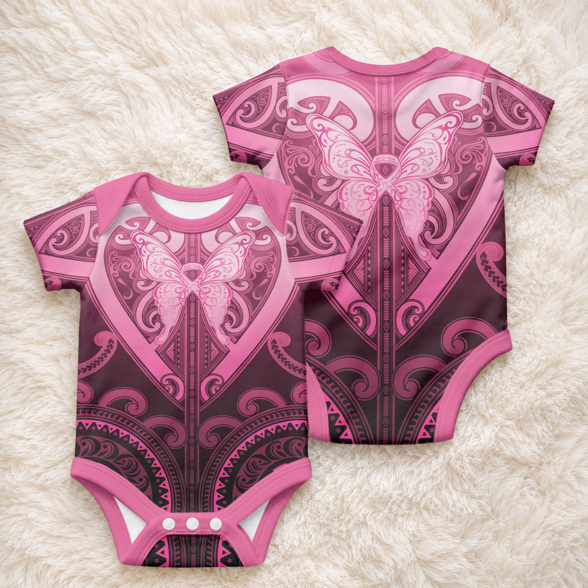 Aotearoa Breast Cancer Baby Onesie Maori Tribal Pattern