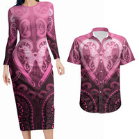 Aotearoa Breast Cancer Couples Matching Long Sleeve Bodycon Dress and Hawaiian Shirt Maori Tribal Pattern