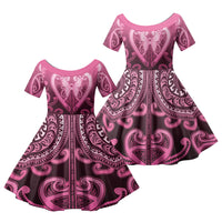 Aotearoa Breast Cancer Family Matching Off Shoulder Short Dress and Hawaiian Shirt Maori Tribal Pattern